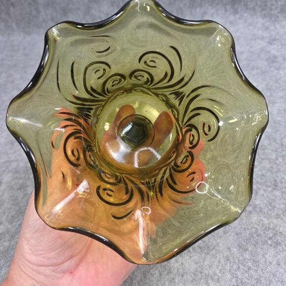 Imperial Atterbury Scroll Green Ruffled Glass Compote Olive Verde Candy Dish - Picture 7 of 13